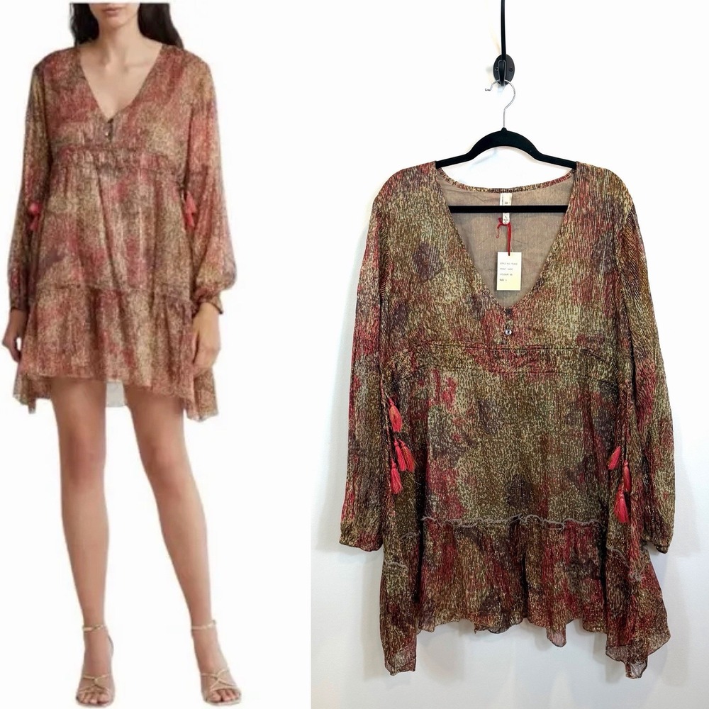 NWT Raga Zuri Large Long Sleeve Mini Dress Cinched V-Neck Boho